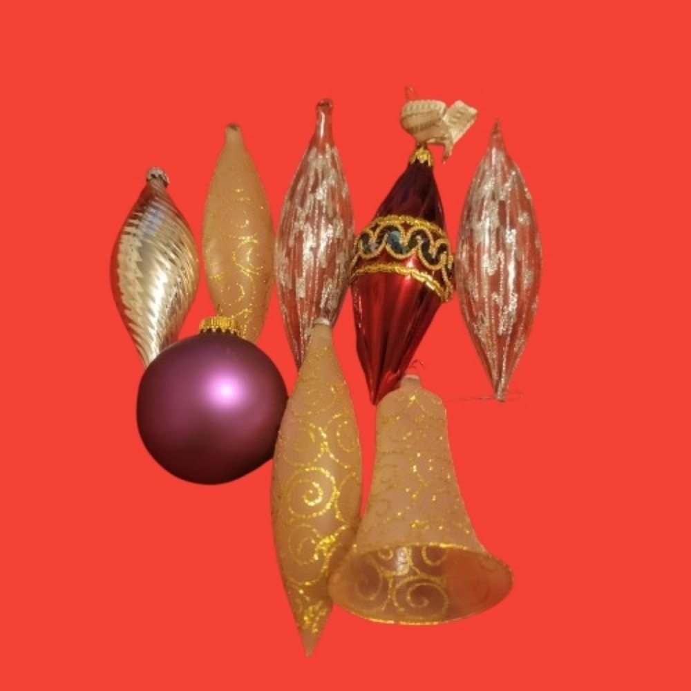 Vintage Holiday Ornament Set Mid Century Modern Glass Tear Drop and Other X 8